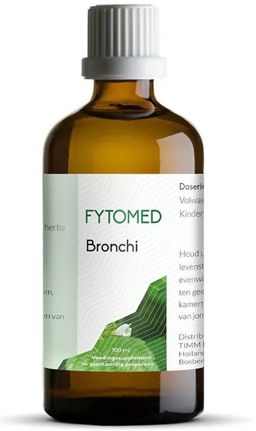 Bruine fles met witte dop. Groen label met 'FYTOMED Bronchi' en afbeelding van bladeren. "100 ml"
