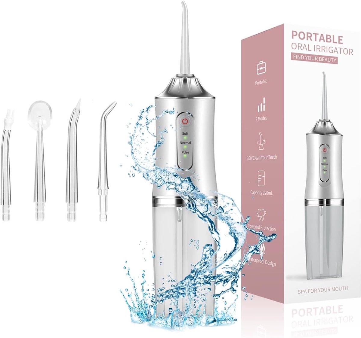 Waterflosser - Monddouche Elektrisch - Neusdouche - Monddouche - Flosapparaat - Draagbare waterflosser - 300 ml - 3 standen - 4 Opzetstukjes - Geschikt voor reizen, beugels thuis en brugverzorging - Kerstcadeau - Wit