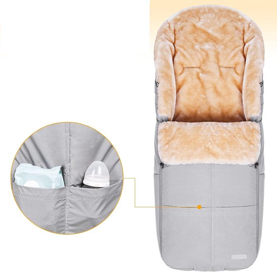Voetenzak buggy, kunstmatige lamsvacht voetenzak kinderwagen baby winter met ritssluiting, afneembaar, universeel en waterdicht, machinewasbaar, lichtgrijs — afbeelding 5