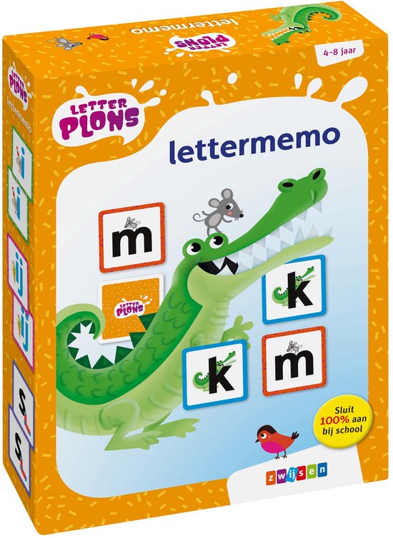 Doos van het letterspel lettermemo met groene krokodil en letters.