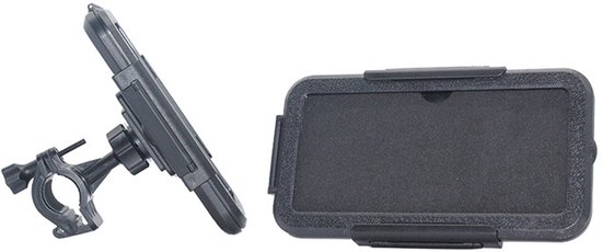 Zwarte waterdichte smartphonehouder met fietsstuurbevestiging en een losse houder.