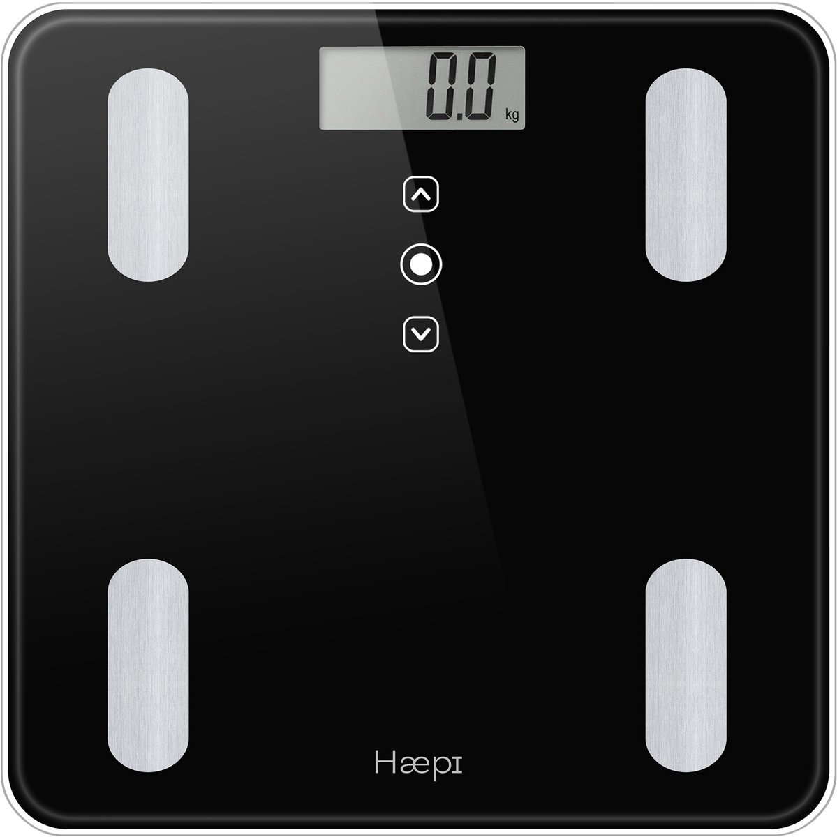 Haepi - Body Analyzer - Volledige lichaamsanalyse: BMI Kcal gewicht vetmassa botmassa vochtgehalte spiermassa - Modern en elegant design - Maximale capaciteit van 180 kg - 15 jaar garantie - Inclusief batterijen - Zwart.
