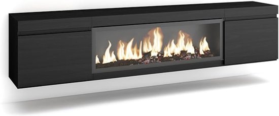 TV-Meubel met Elektrische Open Haard TasalFurniture Elexor – 210 cm – Modern Hangend Lowboard voor TV’s tot 80 inch – LED 3D Vlameffect Zonder Verwarming – Zwarte Melamine TV-Kast voor Woonkamer en Eetkamer – Afstandsbediening Inclusief