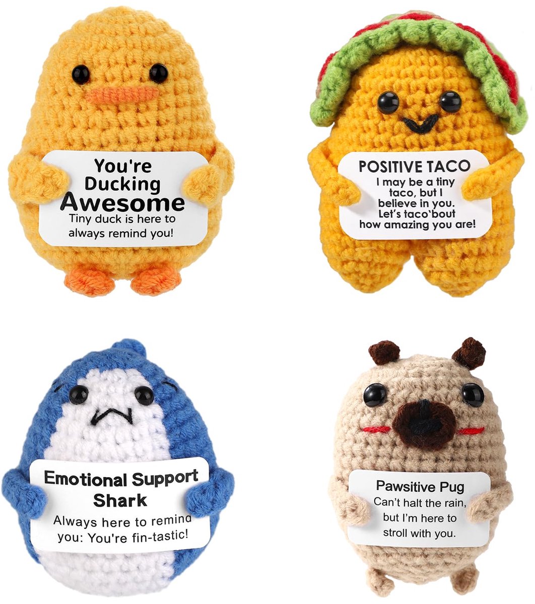4Pcs Positive Dolls, Positive Pug Tacos Knitted Toys with Active Card Wool Crochet Emotional Support Duck Shark Cheering Gift for Friends Families Christmas Birthday