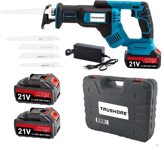 Accu Reciprozaag – 21V Li-Ion – Incl. 2 Accu’s, Zaagbladen & Koffer – 25mm Slag – Voor Hout, Metaal & Kunststof – Snelwisselsysteem – Draadloos