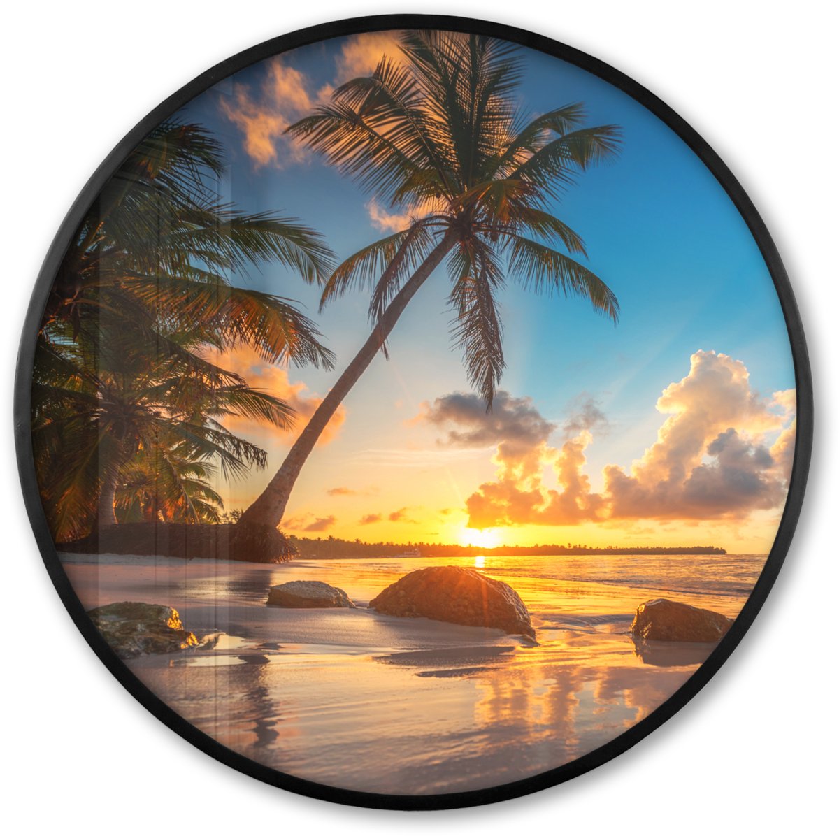 FrameYourWall Poster in lijst Rond - Fotolijst 80x80 cm - Posters - Strand - Zee - Palmboom - Zonsondergang - Ronde posterlijst zwart - Decoratie - Wanddecoratie woonkamer - Muurdecoratie slaapkamer Zonsondergang strand