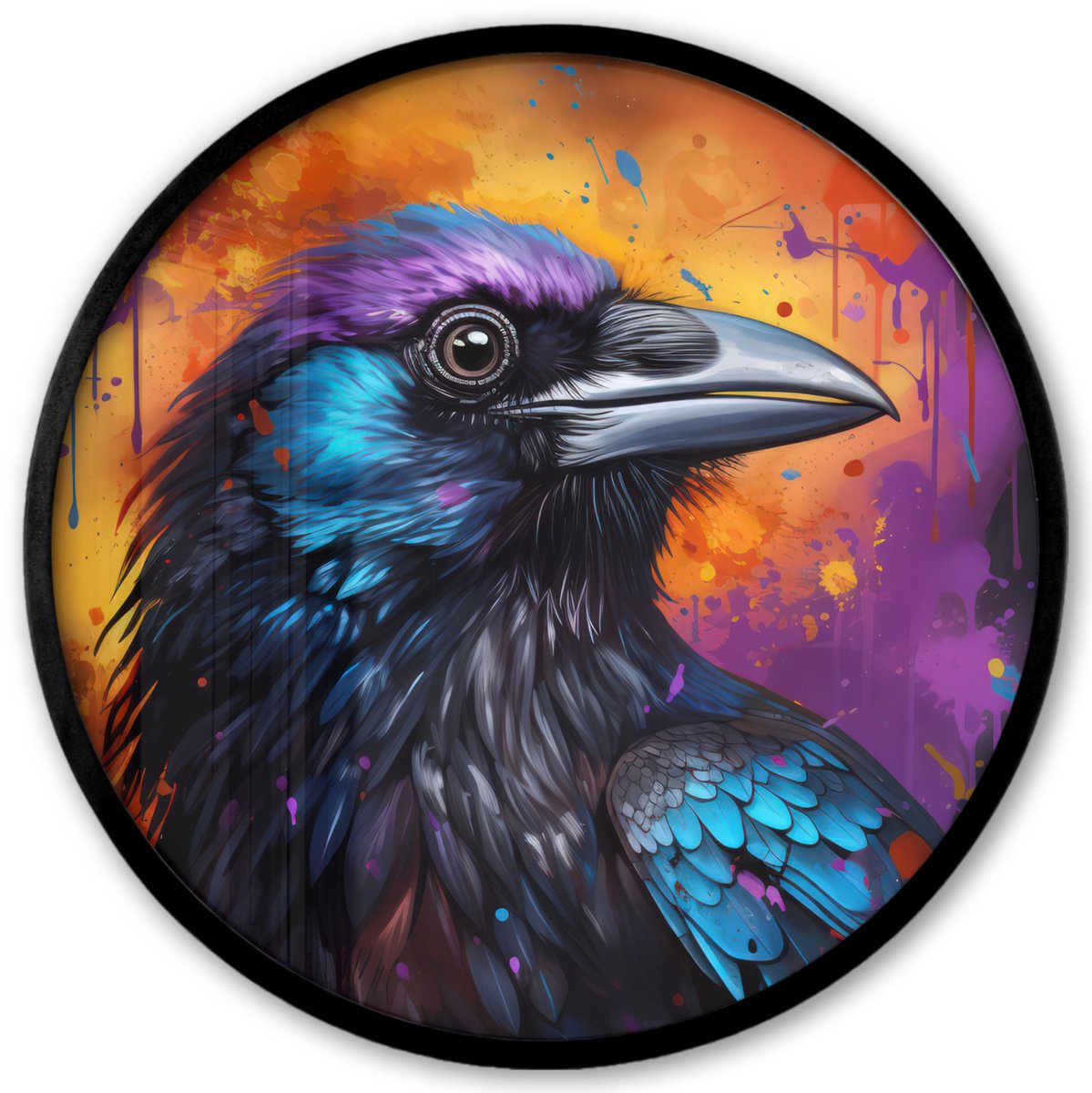 FrameYourWall Poster in lijst Rond - Fotolijst 40x40 cm - Posters - Vogel - Kraai - Graffiti - Zwart - Dieren - Ronde posterlijst zwart - Decoratie - Wanddecoratie woonkamer - Muurdecoratie slaapkamer Graffiti - Vogel