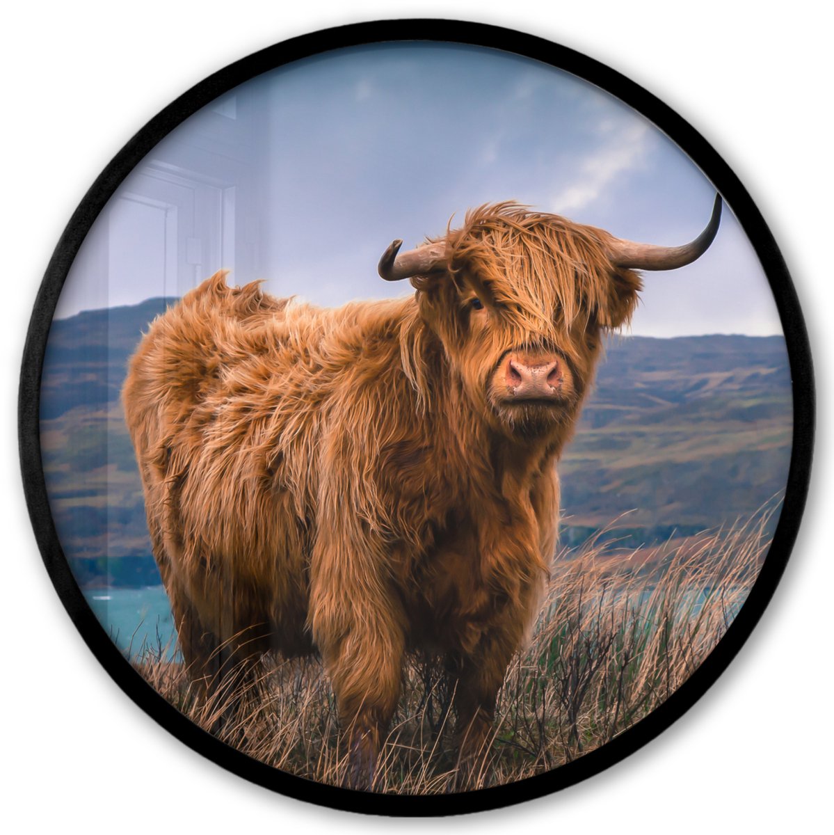 FrameYourWall Poster in lijst Rond - Fotolijst 40x40 cm - Posters - Schotse Hooglander - Berg - Water - Natuur - Koe - Ronde posterlijst zwart - Decoratie - Wanddecoratie woonkamer - Muurdecoratie slaapkamer Schotse Hooglander - Natuur - Uitzicht