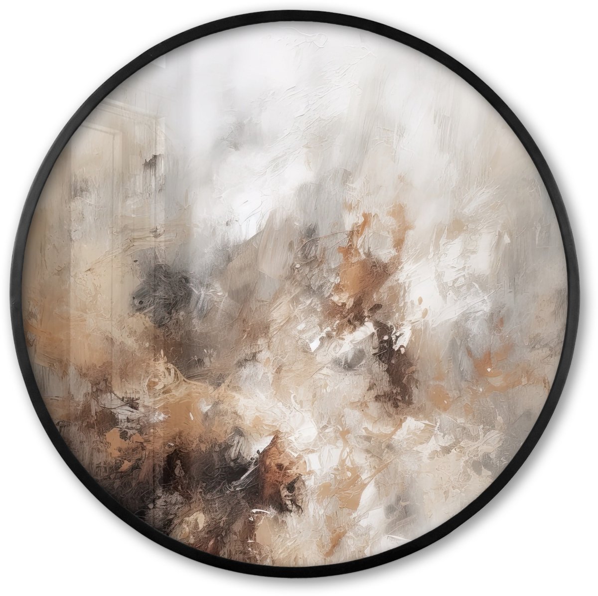 FrameYourWall Poster in lijst Rond - Fotolijst 80x80 cm - Posters - Verf - Abstract - Beige - Kunst - Ronde posterlijst zwart - Decoratie - Wanddecoratie woonkamer - Muurdecoratie slaapkamer
