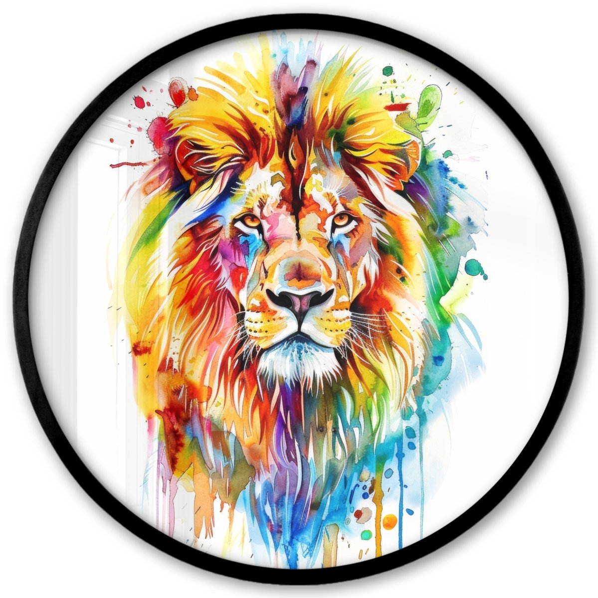 FrameYourWall Poster in lijst Rond - Fotolijst 40x40 cm - Posters - Leeuw - Verf - Kleurrijk - Wit - Dier - Ronde posterlijst zwart - Decoratie - Wanddecoratie woonkamer - Muurdecoratie slaapkamer