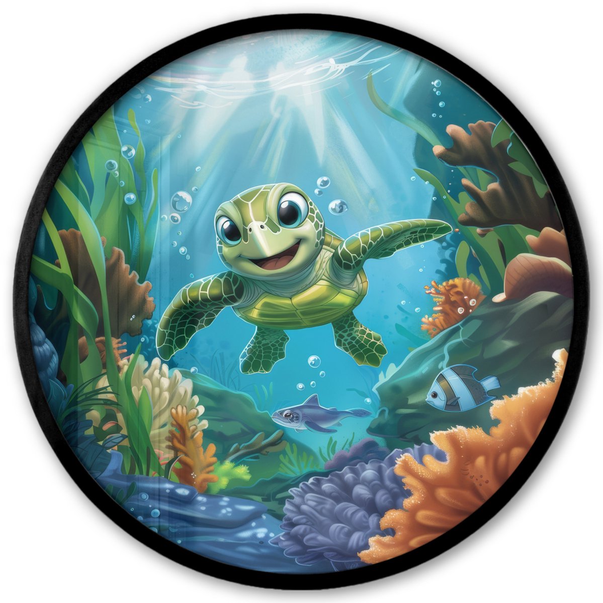 FrameYourWall Poster in lijst Rond - Fotolijst 40x40 cm - Posters - Schildpad - Zeedieren - Onderwater - Zeewier - Ronde posterlijst zwart - Decoratie - Wanddecoratie woonkamer - Muurdecoratie slaapkamer