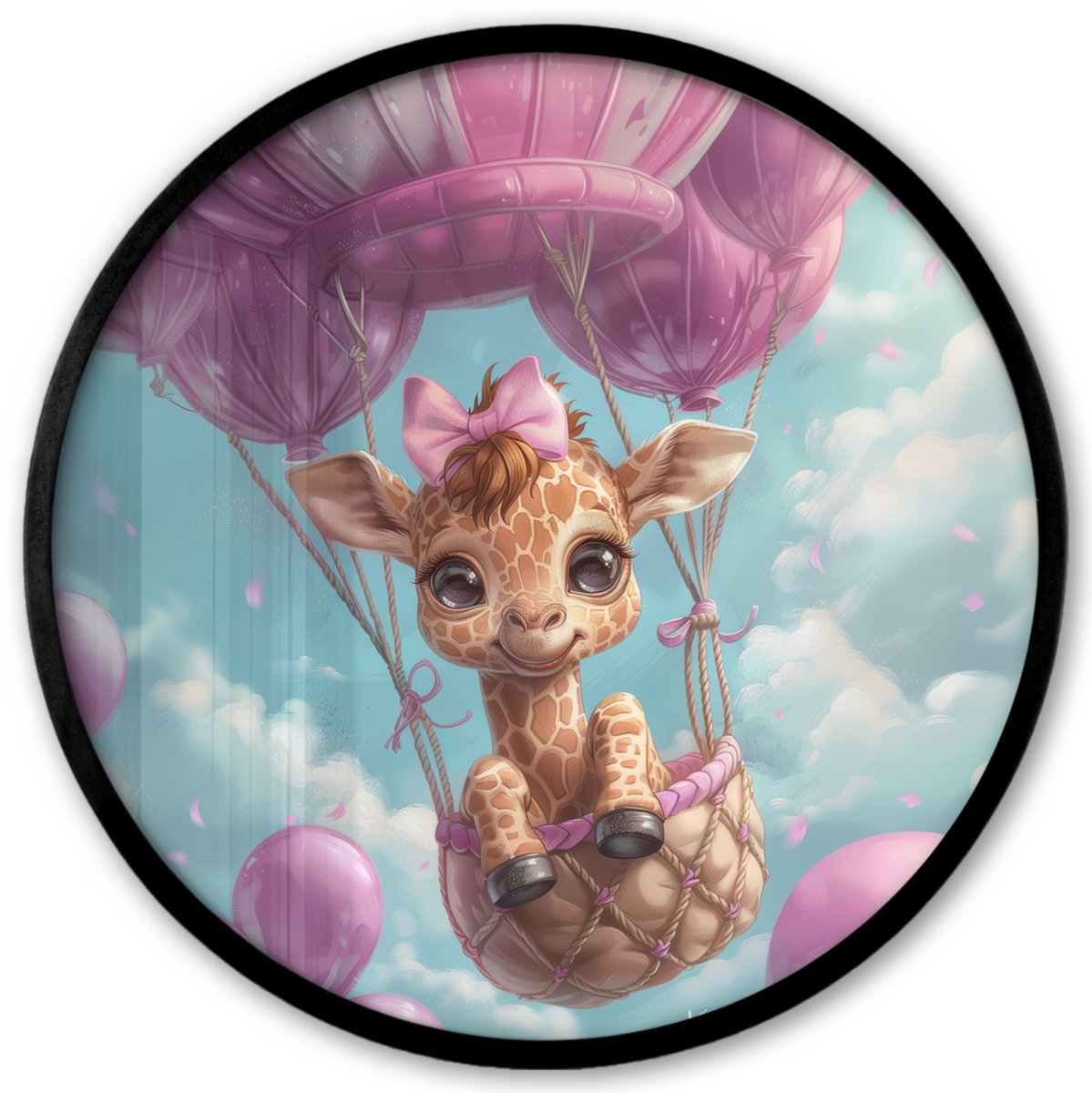 FrameYourWall Poster in lijst Rond - Fotolijst 40x40 cm - Posters - Luchtballon - Giraf - Ballon - Wolken - Paars - Ronde posterlijst zwart - Decoratie - Wanddecoratie woonkamer - Muurdecoratie slaapkamer