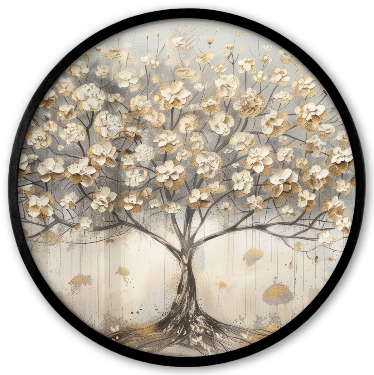 FrameYourWall Poster in lijst Rond - Fotolijst 40x40 cm - Posters - Boom - Beige - Goud - Verflook - Grijs - Ronde posterlijst zwart - Decoratie - Wanddecoratie woonkamer - Muurdecoratie slaapkamer Levensboom