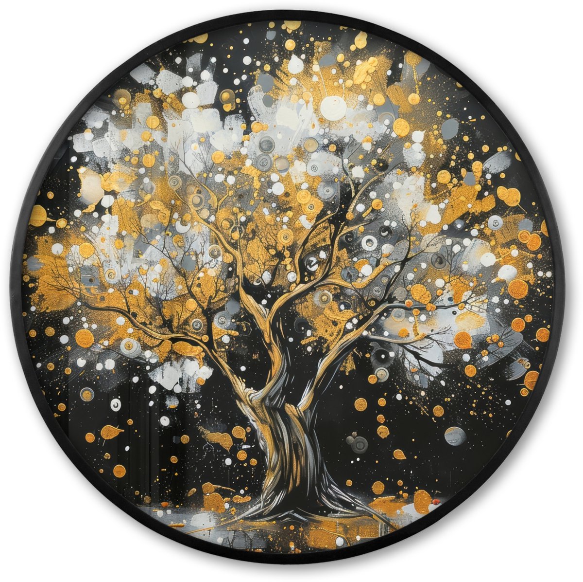 FrameYourWall Poster in lijst Rond - Fotolijst 60x60 cm - Posters - Boom - Zwart - Goud - Wit - Modern - Ronde posterlijst zwart - Decoratie - Wanddecoratie woonkamer - Muurdecoratie slaapkamer