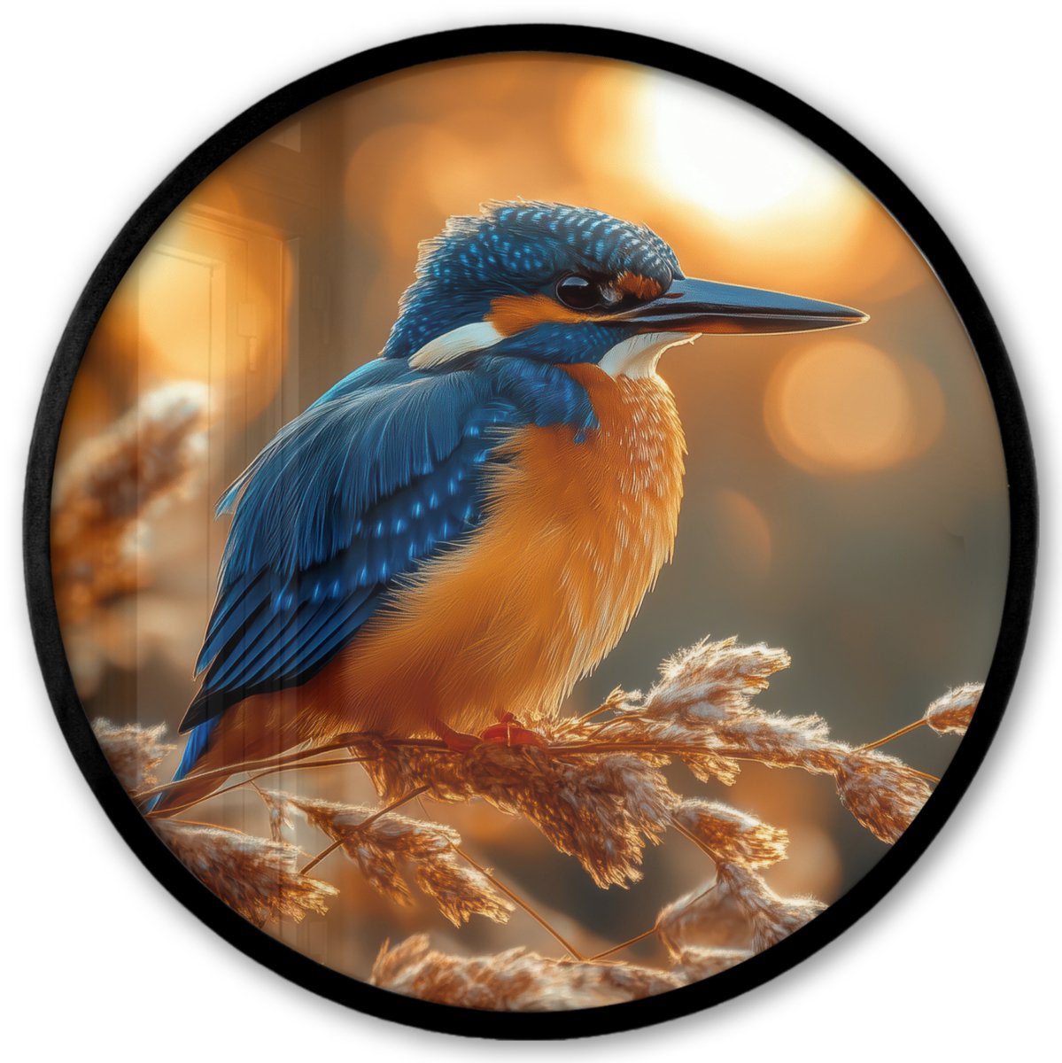 FrameYourWall Poster in lijst Rond - Fotolijst 40x40 cm - Posters - IJsvogel - Herfst - Vogels - Zon - Natuur - Herfsttakken - Ronde posterlijst zwart - Decoratie - Wanddecoratie woonkamer - Muurdecoratie slaapkamer