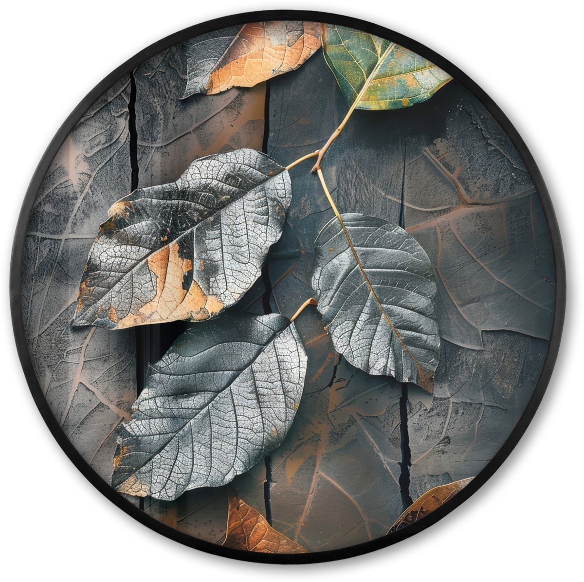 FrameYourWall Poster in lijst Rond - Fotolijst 60x60 cm - Posters - Bladeren - Herfst - Grijs - Natuur - Ronde posterlijst zwart - Decoratie - Wanddecoratie woonkamer - Muurdecoratie slaapkamer