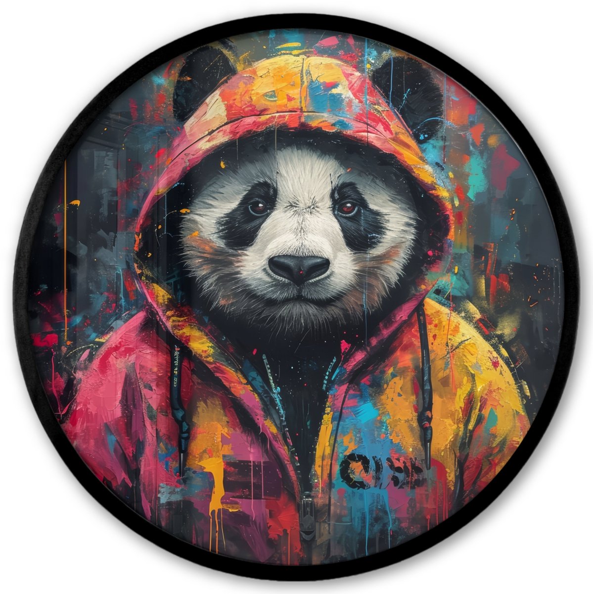 FrameYourWall Poster in lijst Rond - Fotolijst 40x40 cm - Posters - Graffiti - Panda - Jas - Kleurrijk - Street art - Ronde posterlijst zwart - Decoratie - Wanddecoratie woonkamer - Muurdecoratie slaapkamer