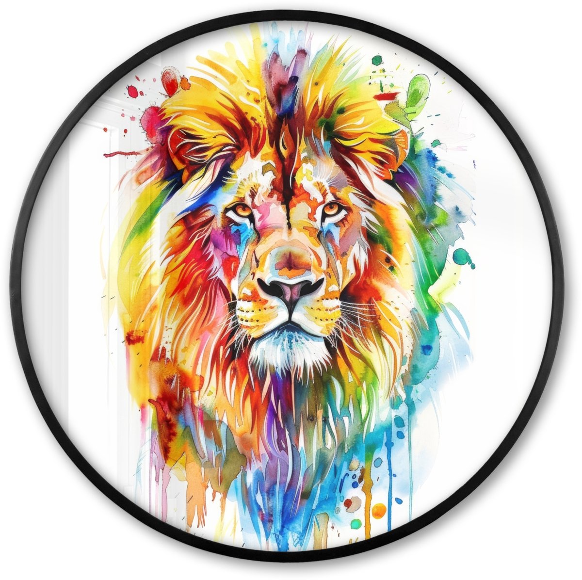 FrameYourWall Poster in lijst Rond - Fotolijst 80x80 cm - Posters - Leeuw - Verf - Kleurrijk - Wit - Dier - Ronde posterlijst zwart - Decoratie - Wanddecoratie woonkamer - Muurdecoratie slaapkamer