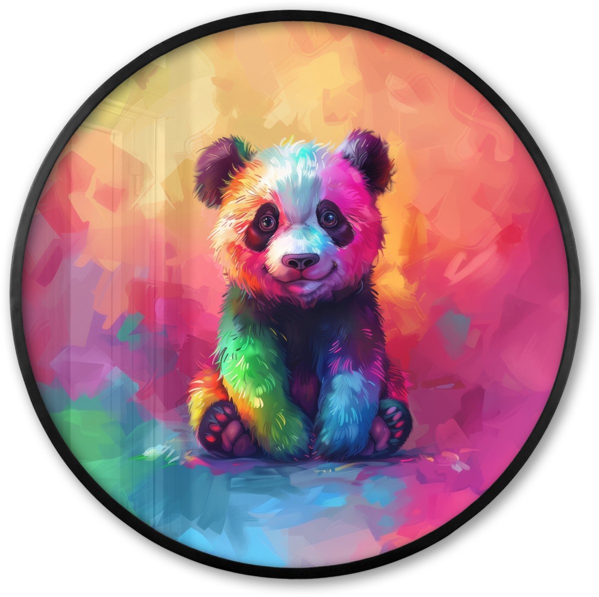 FrameYourWall Poster in lijst Rond - Fotolijst 80x80 cm - Posters - Panda - Dieren - Kleurrijk - Neon - Ronde posterlijst zwart - Decoratie - Wanddecoratie woonkamer - Muurdecoratie slaapkamer
