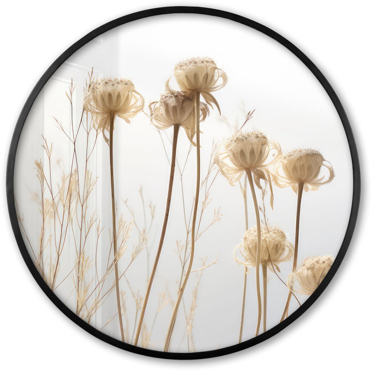 FrameYourWall Poster in lijst Rond - Fotolijst 60x60 cm - Posters - Droogbloemen - Natuur - Botanisch - Ronde posterlijst zwart - Decoratie - Wanddecoratie woonkamer - Muurdecoratie slaapkamer Planten