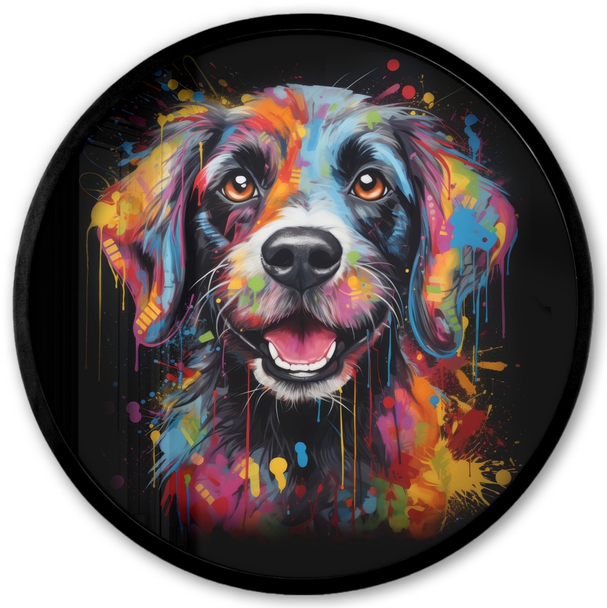 FrameYourWall Poster in lijst Rond - Fotolijst 40x40 cm - Posters - Graffiti - Hond - Zwart - Kleuren - Ronde posterlijst zwart - Decoratie - Wanddecoratie woonkamer - Muurdecoratie slaapkamer Multi