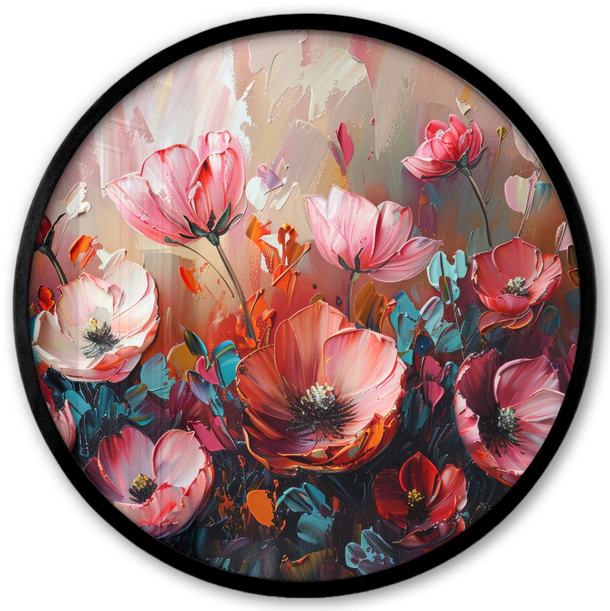 FrameYourWall Poster in lijst Rond - Fotolijst 40x40 cm - Posters - Klaprozen - Roze - Bloemen - Botanisch - Kunst - Ronde posterlijst zwart - Decoratie - Wanddecoratie woonkamer - Muurdecoratie slaapkamer