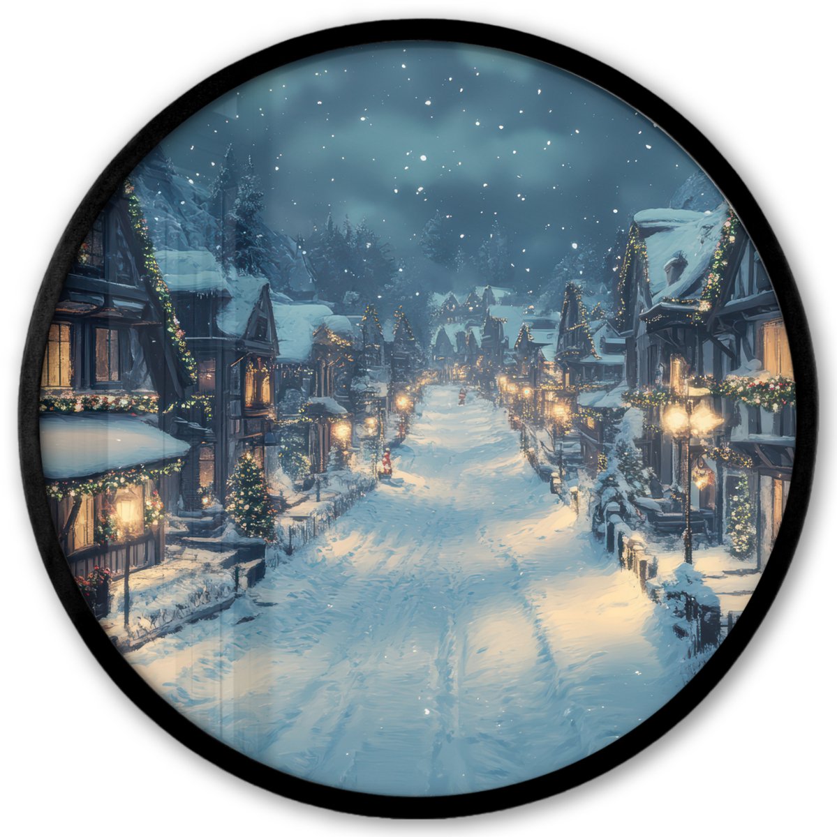 FrameYourWall Poster in lijst Rond - Fotolijst 40x40 cm - Posters - Kerstdorp - Kerst - Sneeuw - Winter - Ronde posterlijst zwart - Decoratie - Wanddecoratie woonkamer - Kerstdecoratie voor binnen - Kerstversiering - Kerstmis versiering in huis - Kerstaccessoires