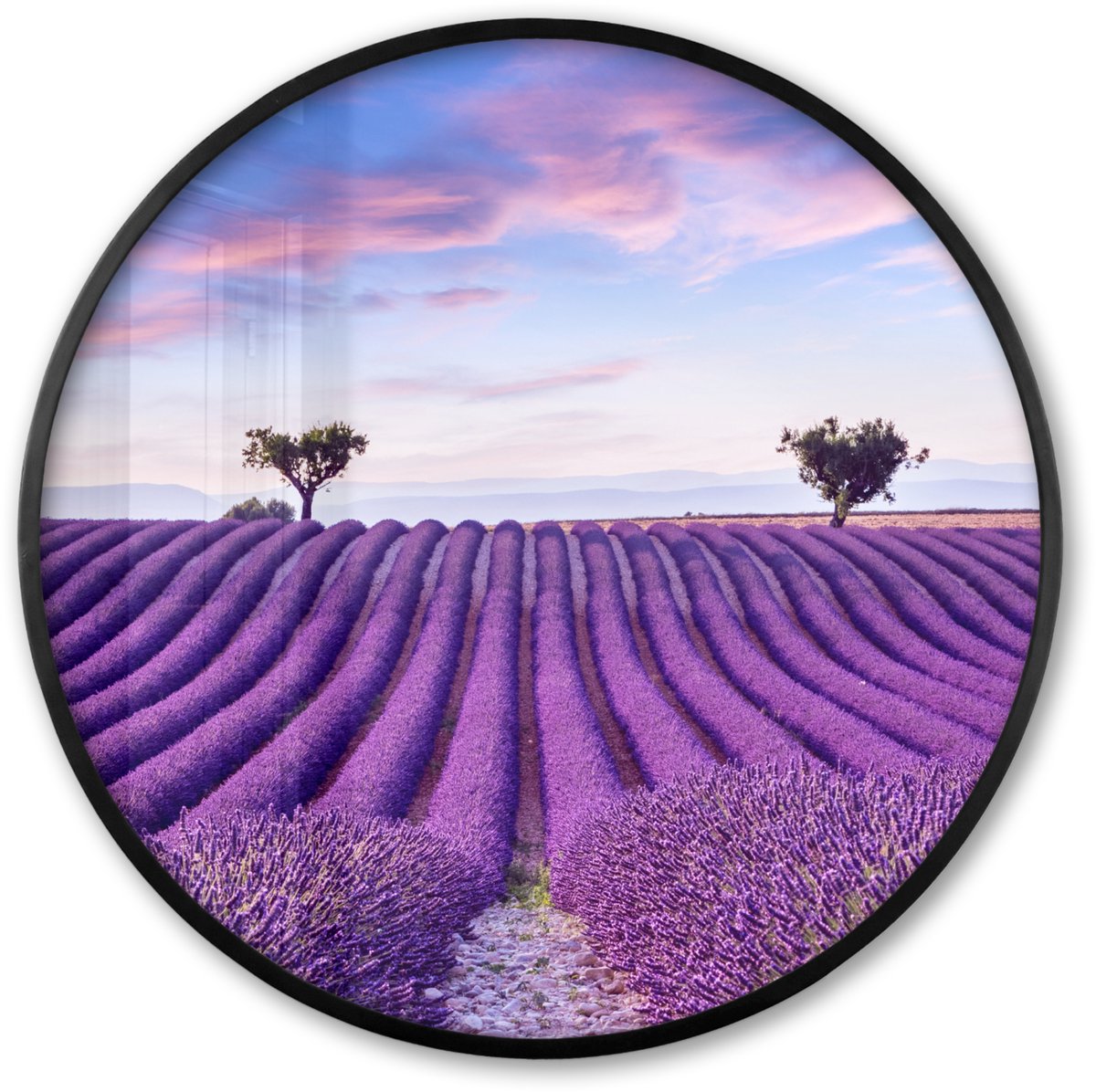 FrameYourWall Poster in lijst Rond - Fotolijst 80x80 cm - Posters - Lavendel - Natuur - Paars - Bomen - Bloemen - Ronde posterlijst zwart - Decoratie - Wanddecoratie woonkamer - Muurdecoratie slaapkamer