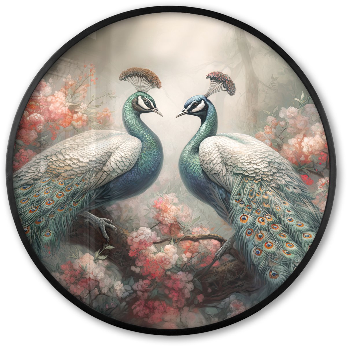 FrameYourWall Poster in lijst Rond - Fotolijst 60x60 cm - Posters - Pauwen - Pauwenveren - Vogels - Bloemen - Natuur - Ronde posterlijst zwart - Decoratie - Wanddecoratie woonkamer - Muurdecoratie slaapkamer Vogels - Pauw
