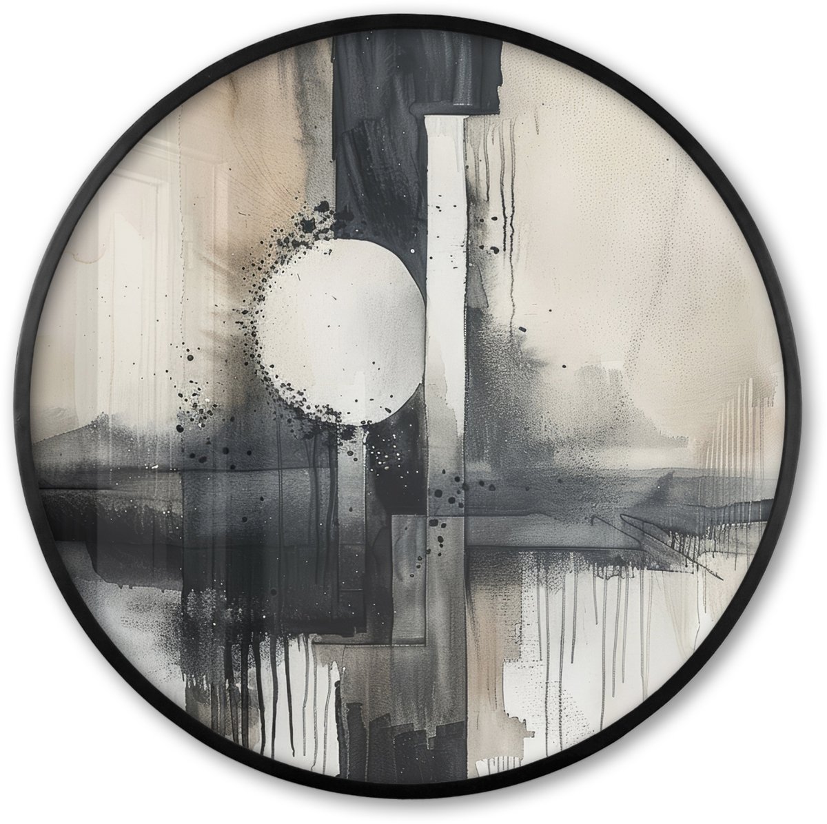 Poster in lijst Rond - Fotolijst 80x80 cm - Posters - Abstract - Zwart wit - Verf - Modern