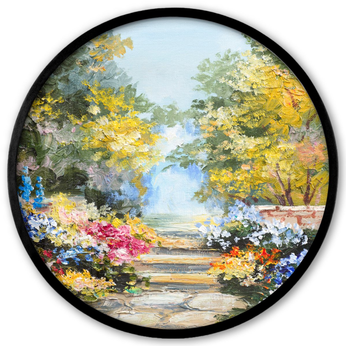 FrameYourWall Poster in lijst Rond - Fotolijst 40x40 cm - Posters - Schilderij - Bloemen - Natuur - Olieverf - Ronde posterlijst zwart - Decoratie - Wanddecoratie woonkamer - Muurdecoratie slaapkamer Olieverf - Uitzicht - Bloemen
