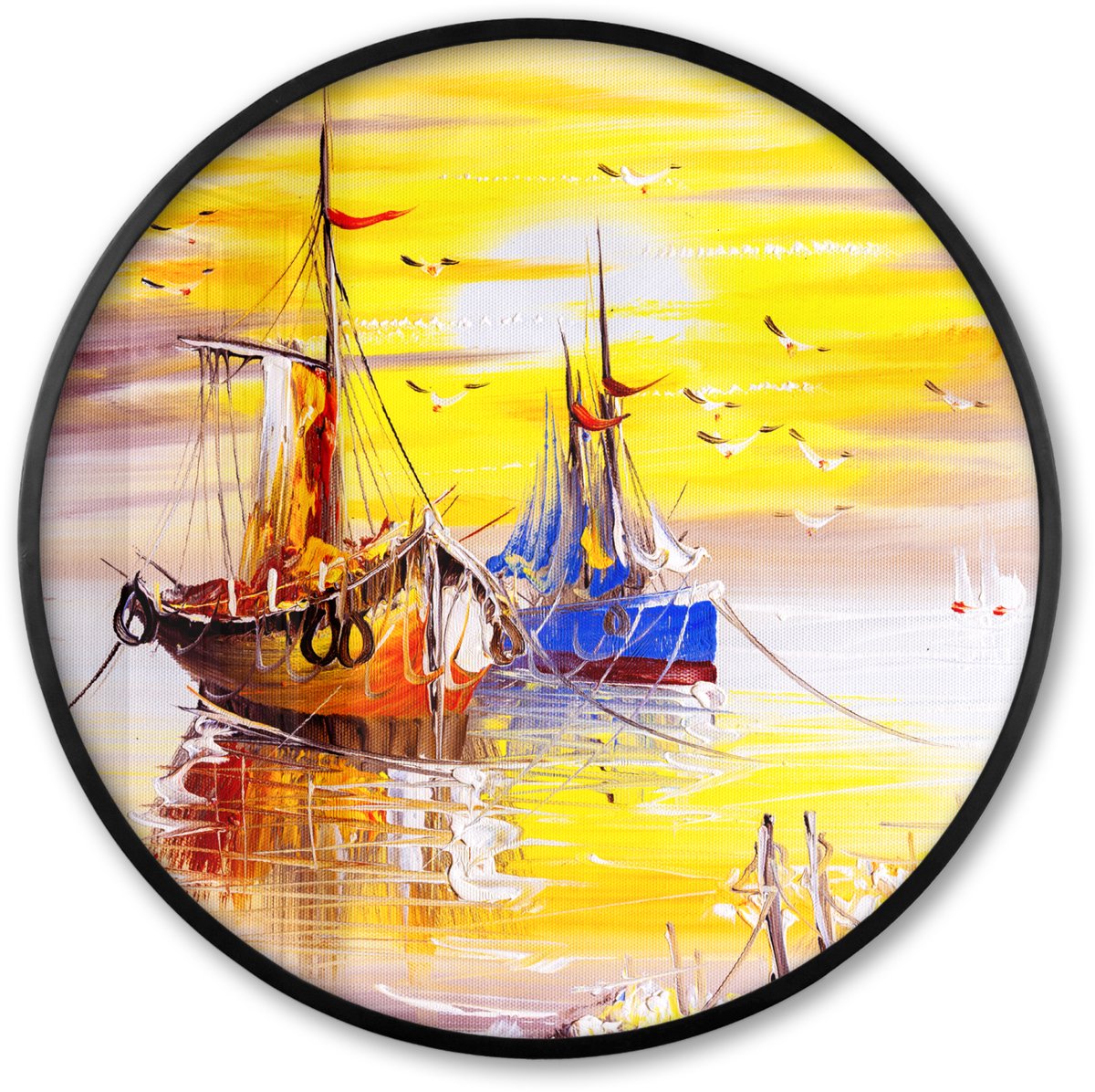 FrameYourWall Poster in lijst Rond - Fotolijst 80x80 cm - Posters - Schilderij - Boot - Water - Olieverf - Ronde posterlijst zwart - Decoratie - Wanddecoratie woonkamer - Muurdecoratie slaapkamer Olieverf - Boten
