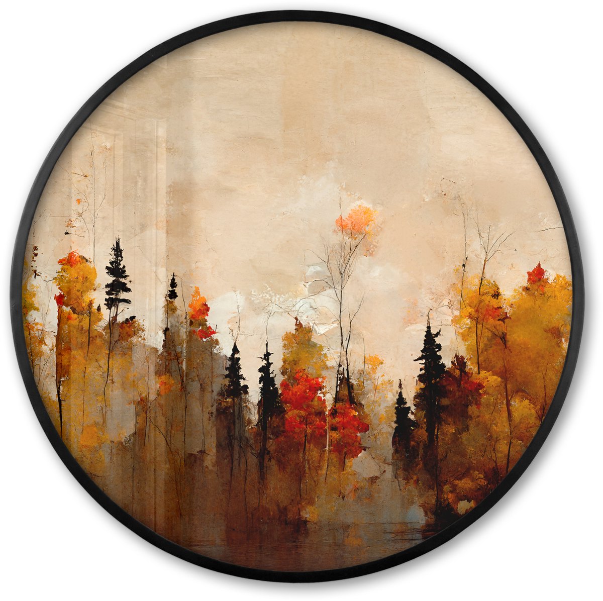 FrameYourWall Poster in lijst Rond - Fotolijst 80x80 cm - Posters - Natuur - Bomen - Kunst - Bruin - Beige - Ronde posterlijst zwart - Decoratie - Wanddecoratie woonkamer - Muurdecoratie slaapkamer