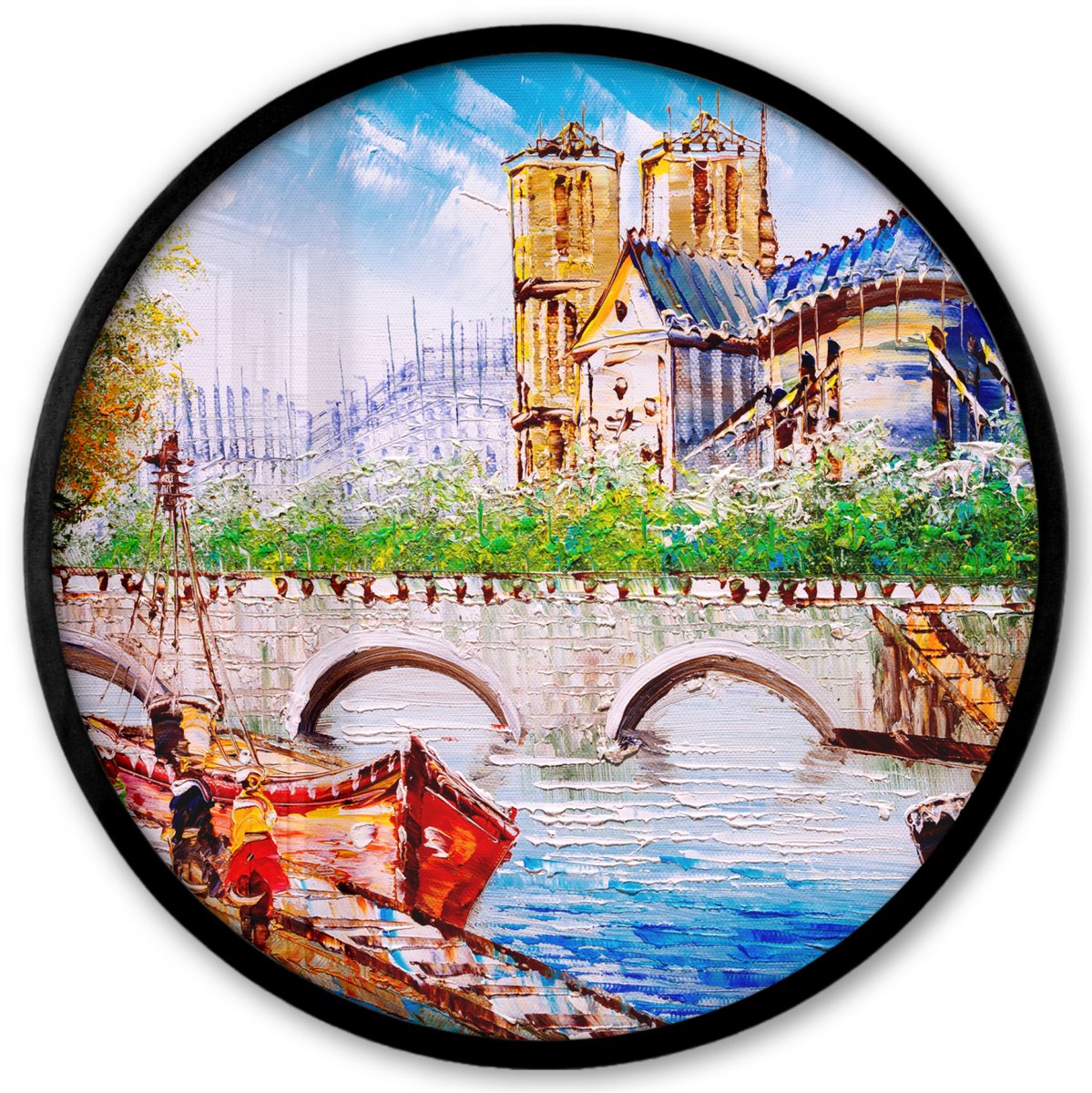 FrameYourWall Poster in lijst Rond - Fotolijst 40x40 cm - Posters - Schilderij - Parijs - Boot - Brug - Ronde posterlijst zwart - Decoratie - Wanddecoratie woonkamer - Muurdecoratie slaapkamer Multicolor