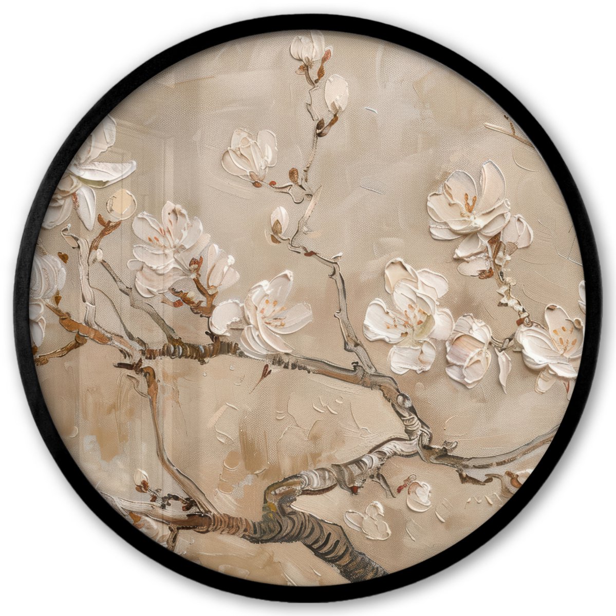 FrameYourWall Poster in lijst Rond - Fotolijst 40x40 cm - Posters - Bloemen - Modern - Beige - Wit - Bloesem - Ronde posterlijst zwart - Decoratie - Wanddecoratie woonkamer - Muurdecoratie slaapkamer