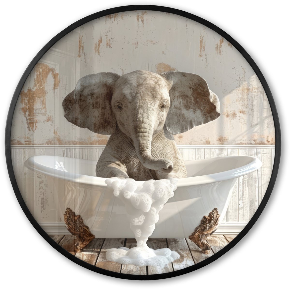 FrameYourWall Poster in lijst Rond - Fotolijst 80x80 cm - Posters - Vintage - Olifant - Badkuip - Schuim - Wilde dieren - Ronde posterlijst zwart - Decoratie - Wanddecoratie woonkamer - Muurdecoratie slaapkamer