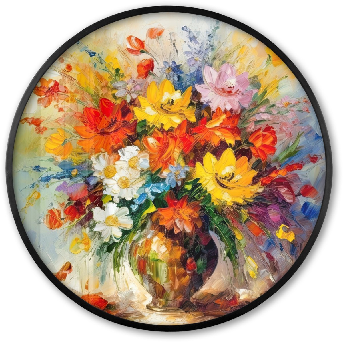 FrameYourWall Poster in lijst Rond - Fotolijst 60x60 cm - Posters - Bloemen - Kleurrijk - Olieverf - Bloempot - Ronde posterlijst zwart - Decoratie - Wanddecoratie woonkamer - Muurdecoratie slaapkamer Bloemen - Oil painting