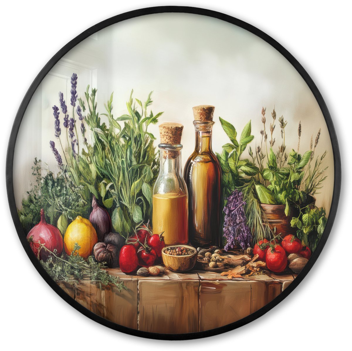 FrameYourWall Poster in lijst Rond - Fotolijst 60x60 cm - Posters - Stilleven - Kruiden - Specerijen - Fruit - Kleurrijk - Ronde posterlijst zwart - Decoratie - Wanddecoratie woonkamer - Muurdecoratie slaapkamer