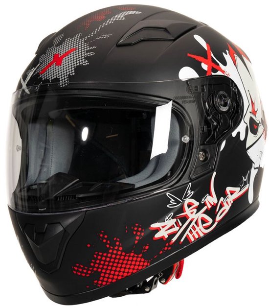 Casque intégral noir avec visière transparente et un design graphique de éclaboussures rouges et blanches, croix et un crâne avec des oreilles de lapin.
