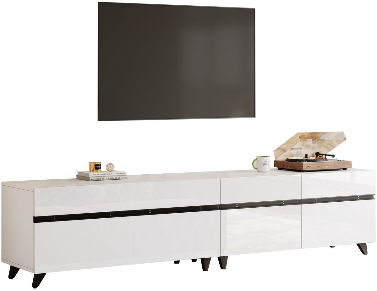 Merax TV-Meubel 180 x 40 x 49 cm – Wit Hoogglans TV-Kast met 4 Kasten en Verstelbare Planken – Modern Lowboard met 8 Poten – Geschikt voor TV’s tot 80 inch
