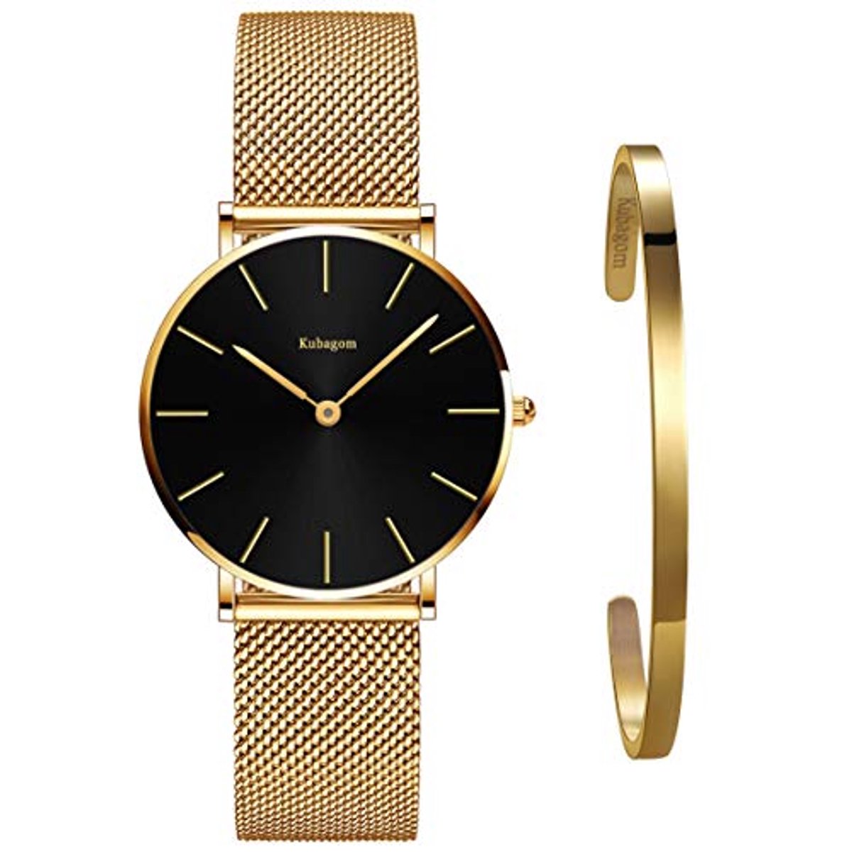 Ultradunne Minimalistische Analoog Quartz Horloge voor Dames met Bangle Set en Roestvrijstalen Armband
