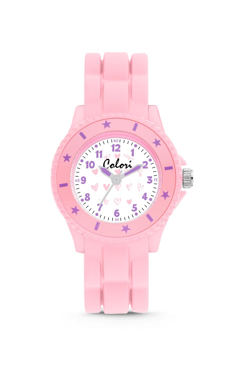 Colori Kidz 5-CLK121 Kinderhorloge - Siliconen Band - Ø 30 mm - 20 mm Wijzerplaat - Hartjes - Roze