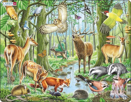 Larsen Een bloeiend Europees bos – Puzzel – Dieren – Europa – Educatieve legpuzzel voor kinderen – 40 stukjes – Gemaakt in Noorwegen – Extra dikke 2,5 mm stukjes – Tray met vaste rand