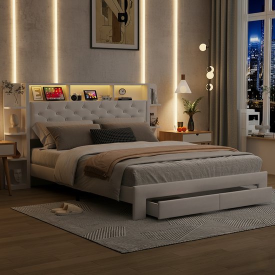 Lits doubles 160x200 cm - Lit moelleux - Lit adulte - Lit adolescent - Tête de lit capitonnée avec motif à boutons - Rangements ouverts - Bande lumineuse LED RGB - Port USB - 2 tiroirs - Grand espace de rangement - Style contemporain - Blanc