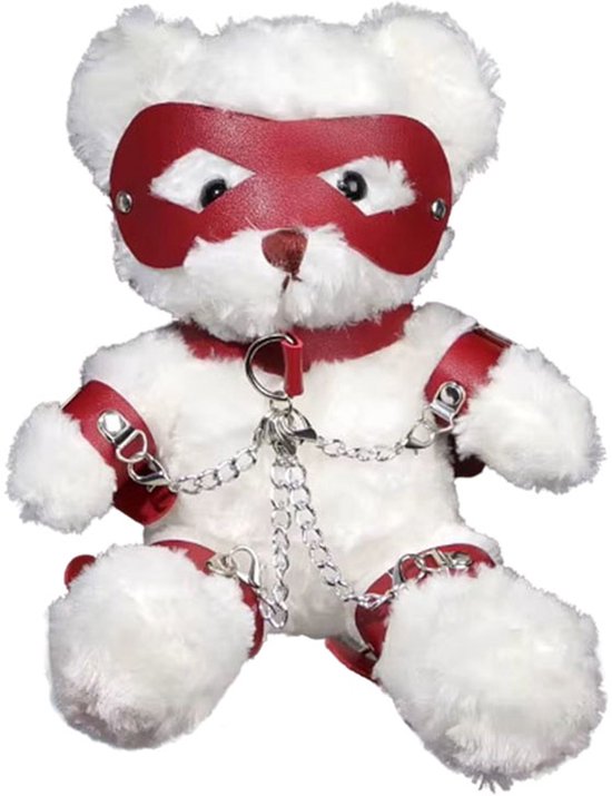 Grote BDSM Teddybeer - Knuffel - Handboeien - Masker - Choker - Ketting - Wit