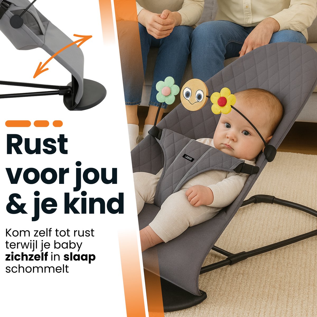 Laavir® Baby Wipstoel - Inklapbaar & Draagbaar - Verstelbare Rugleuning - Speelboog & Veiligheidsgordel - Grijs – foto 3