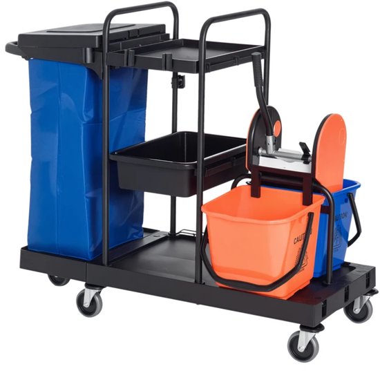 Schoonmaakkar – 2 emmers – wringer – opbergmand – zwart/blauw/oranje