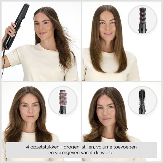 Collage met 4 stappen: drogen, stylen, volume toevoegen en vormgeven vanaf de wortel. Bevat 4 opzetstukken.