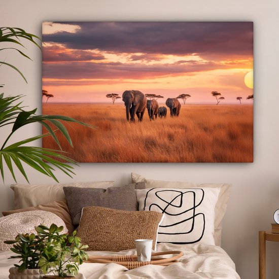Tableau sur toile 120x80 cm - Décoration murale exclusive - Groupe d'éléphants - Plaine ouverte - Soleil - Décoration murale murale salon - Décoration chambre - Accessoires de décoration - Peintures sur toile