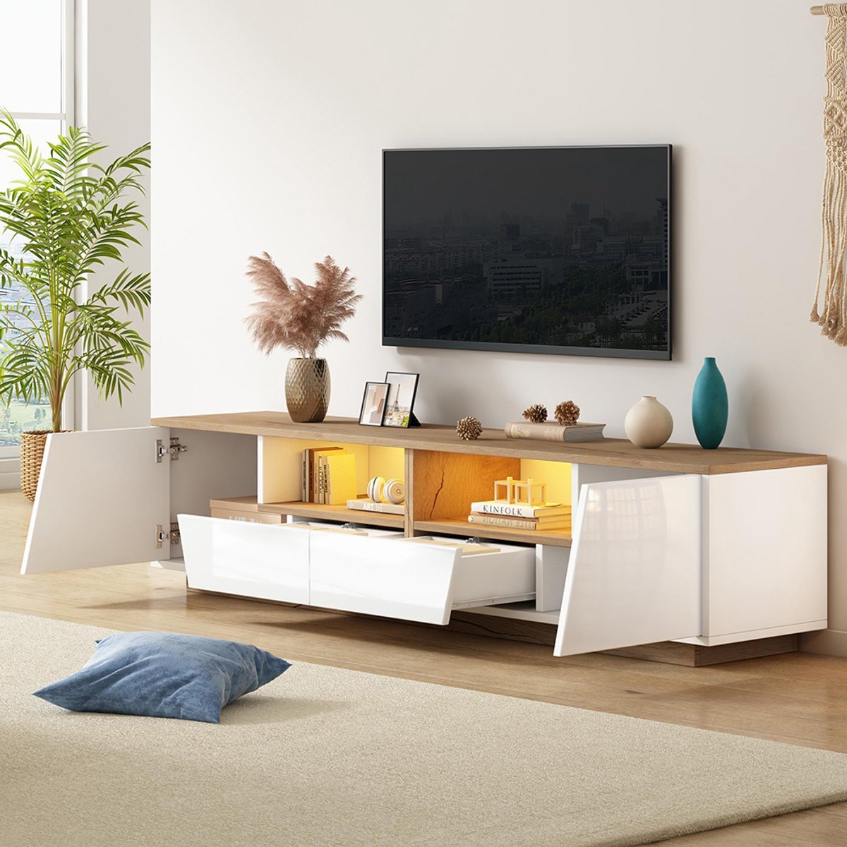 BLACKCOLORS TV-meubel 180*40*46 cm met 2 lades en 2 kasten, TV-meubel met LED, glanzend ondermeubel en tv-tafel, geschikt voor tv's tot 75 inch, wit + houtkleur